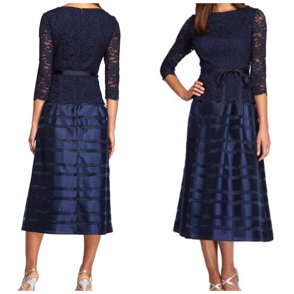 Alex Evenings Dresses & Skirts - NWT Alex Evenings Dress w/Lace Bodice Illusion 3/4 Sleeves Striped Organza Skirt